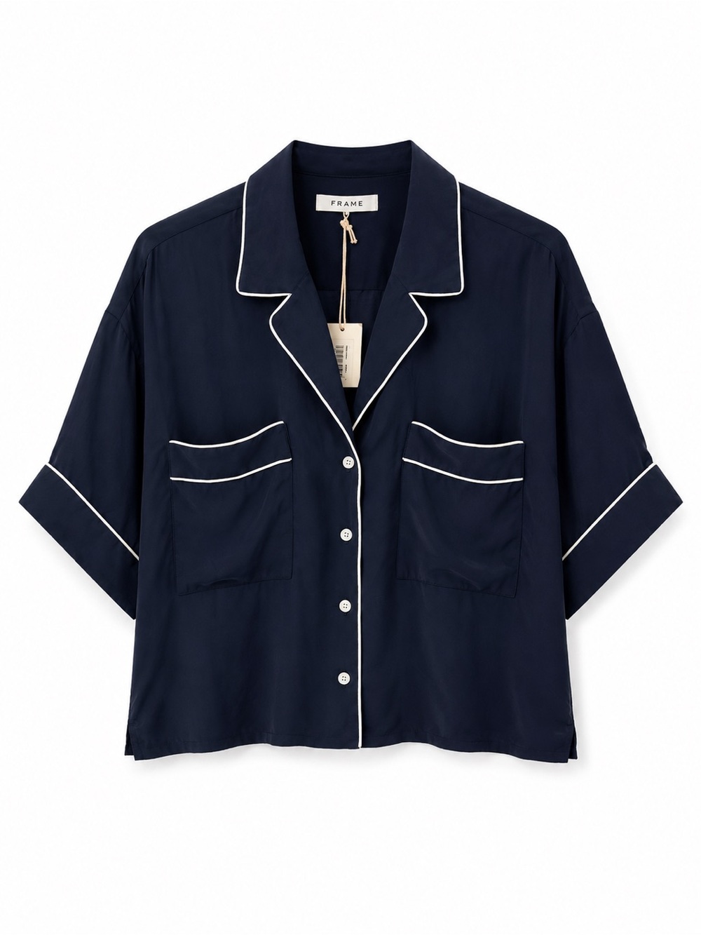 Frame NWT 100% Silk Boxy Button Front Top Navy Blue Large‎